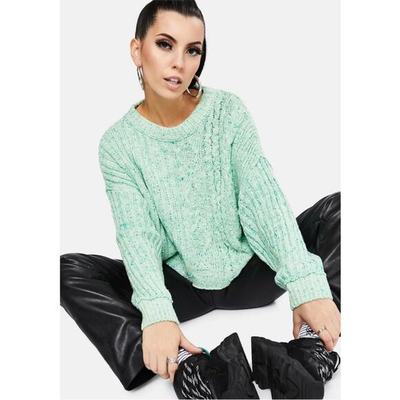 Free People Green On Your Side Cable Knit Cropped Boxy Pullover Sweater Small - Picture 1 of 16